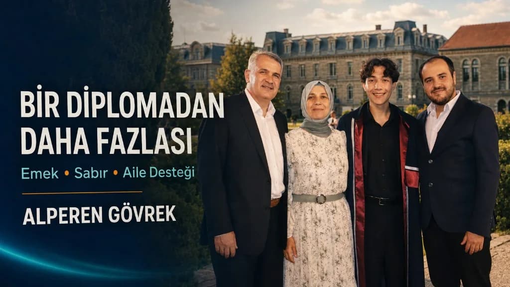 Alperen Gövrek ailesiyle mezuniyet gününde, “Bir diplomadan daha fazlası” afişi